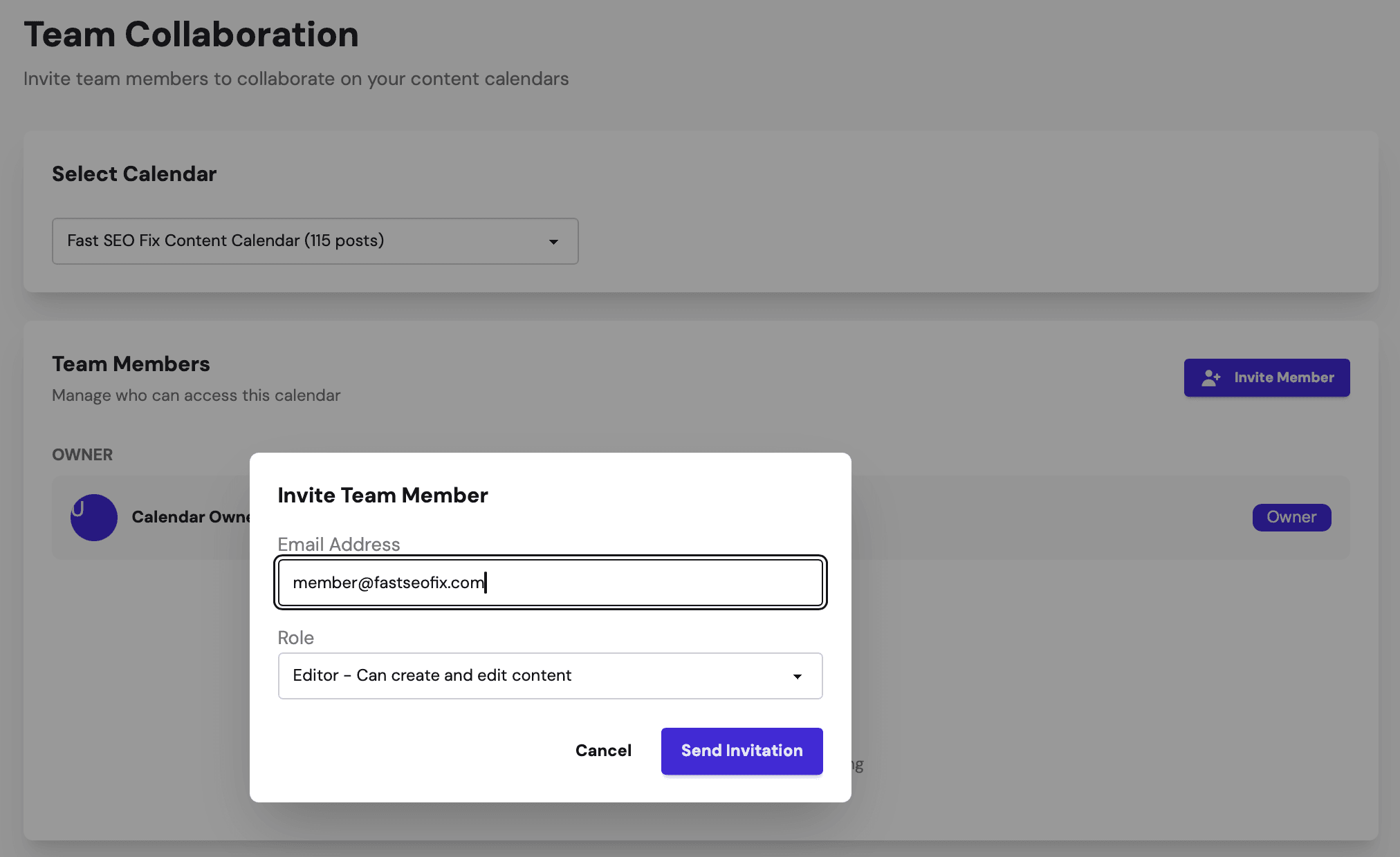 Team Collaboration - invite members, assign roles, and manage calendar access